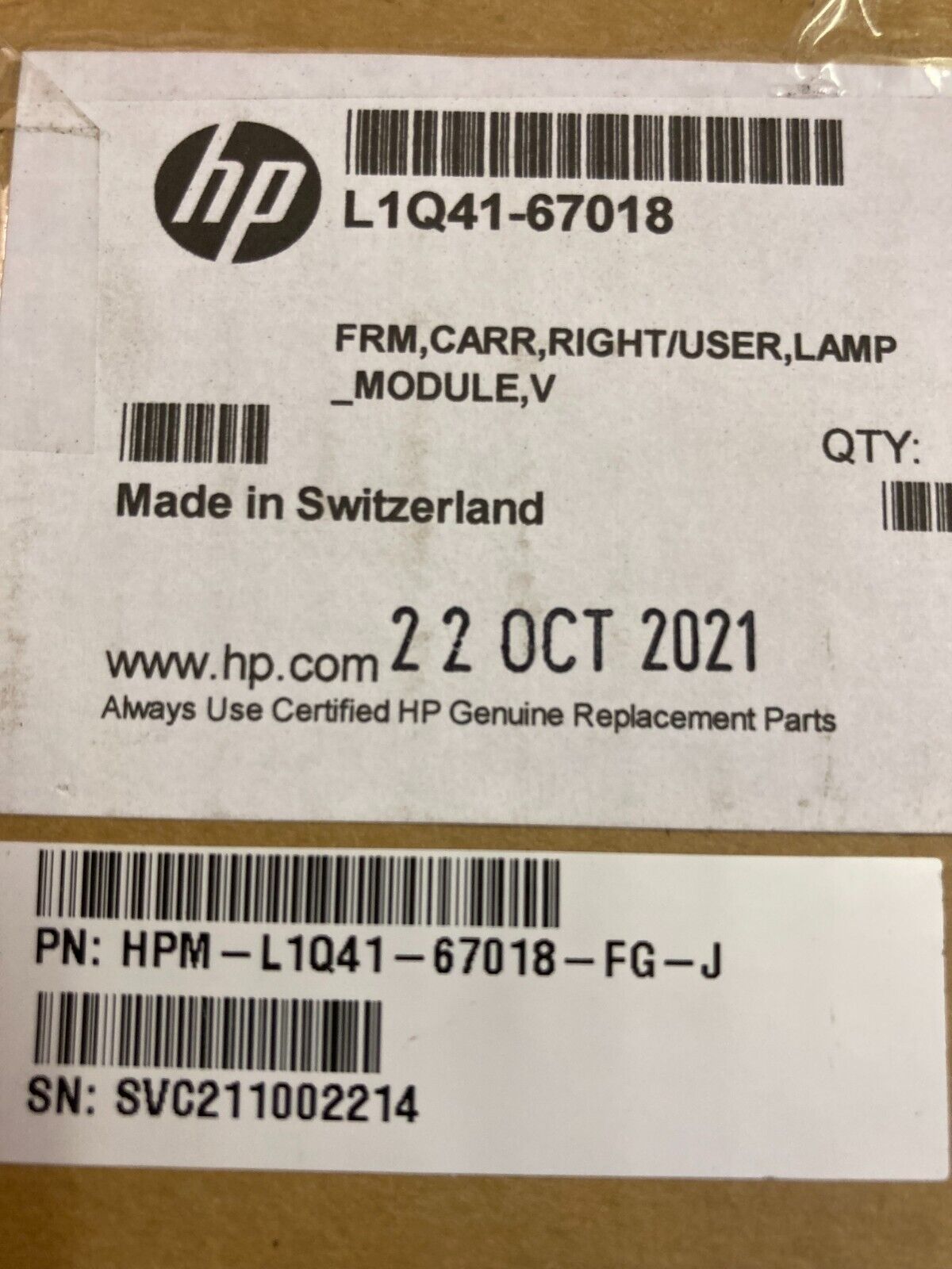 NEW SEALED BOX  HP L1Q41-67018 FRM,CARR,RIGHT/USER,LAMP  SCITEX FB550 FB750